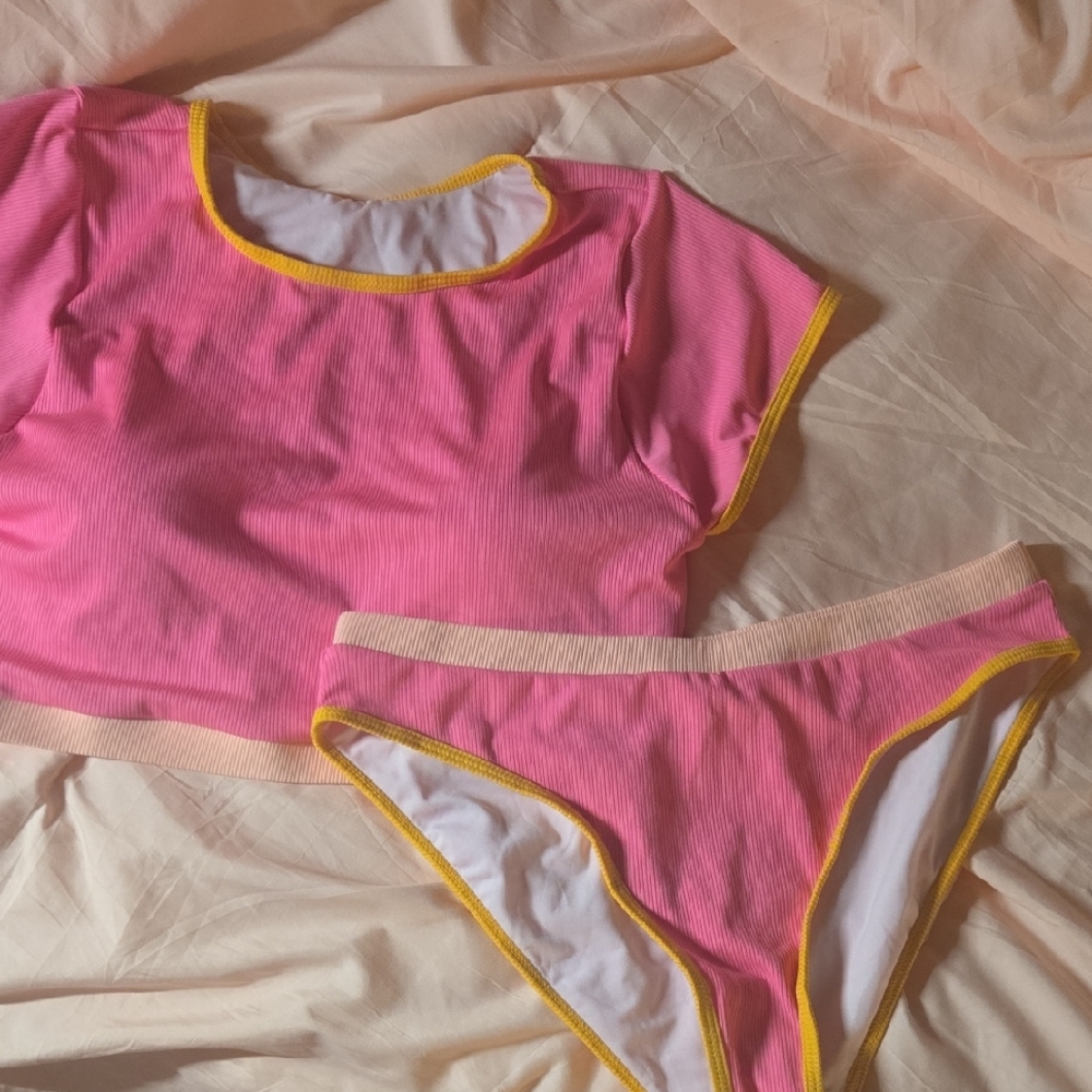 Vibrant Pink Bikini Set with Yellow Accents
